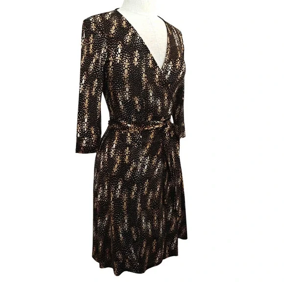 Diane Von Furstenberg Julian Silk Wrap Dress Size 2 Black Tan Lizard Stretch - Picture 4 of 10